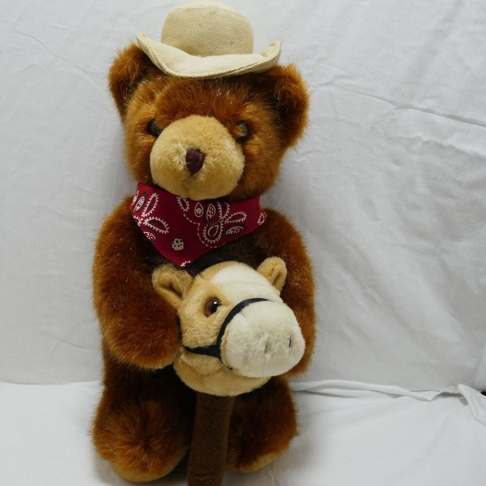 Brown Teddy Cowboy Bear Hat, Horse On Stick, Stuffed Plush Novelty Inc